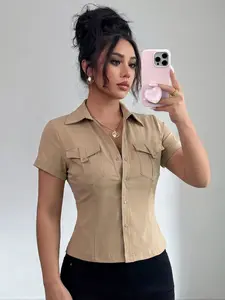 Women's Top, Summer Short-Sleeved Khaki V-neck Blouse Shirts, Casual Button Up Slim-fit Button Front Placket Pocket Women's Top, Suitable for Daily Wear and Outdoor Activities
