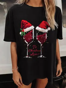 Women's Casual Drop Shoulder Round Short Sleeve T-Shirt, Loose Fit Top with Wine Glass & Christmas Hat Print Sweatshirt, Hoodie, Comfort Colors