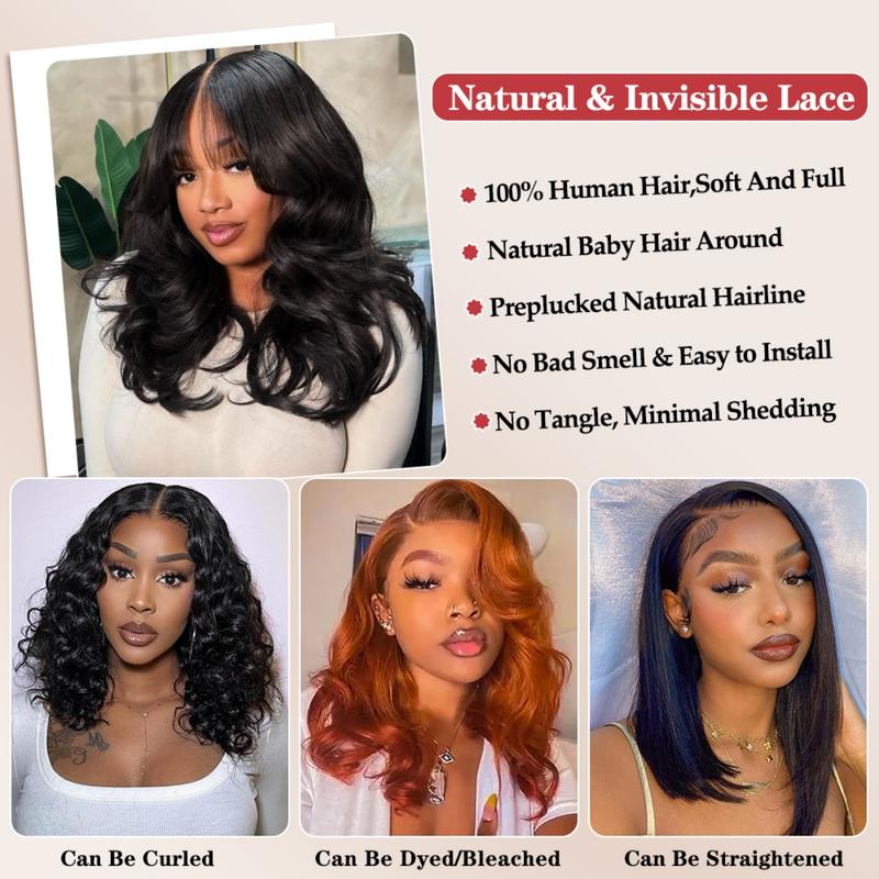 Bob Wig Human Hair 13x6 Body Wave HD Lace Front Wigs Human Hair 200% Density Glueless Short Bob Wigs for Black Women Natural Black 14 inch