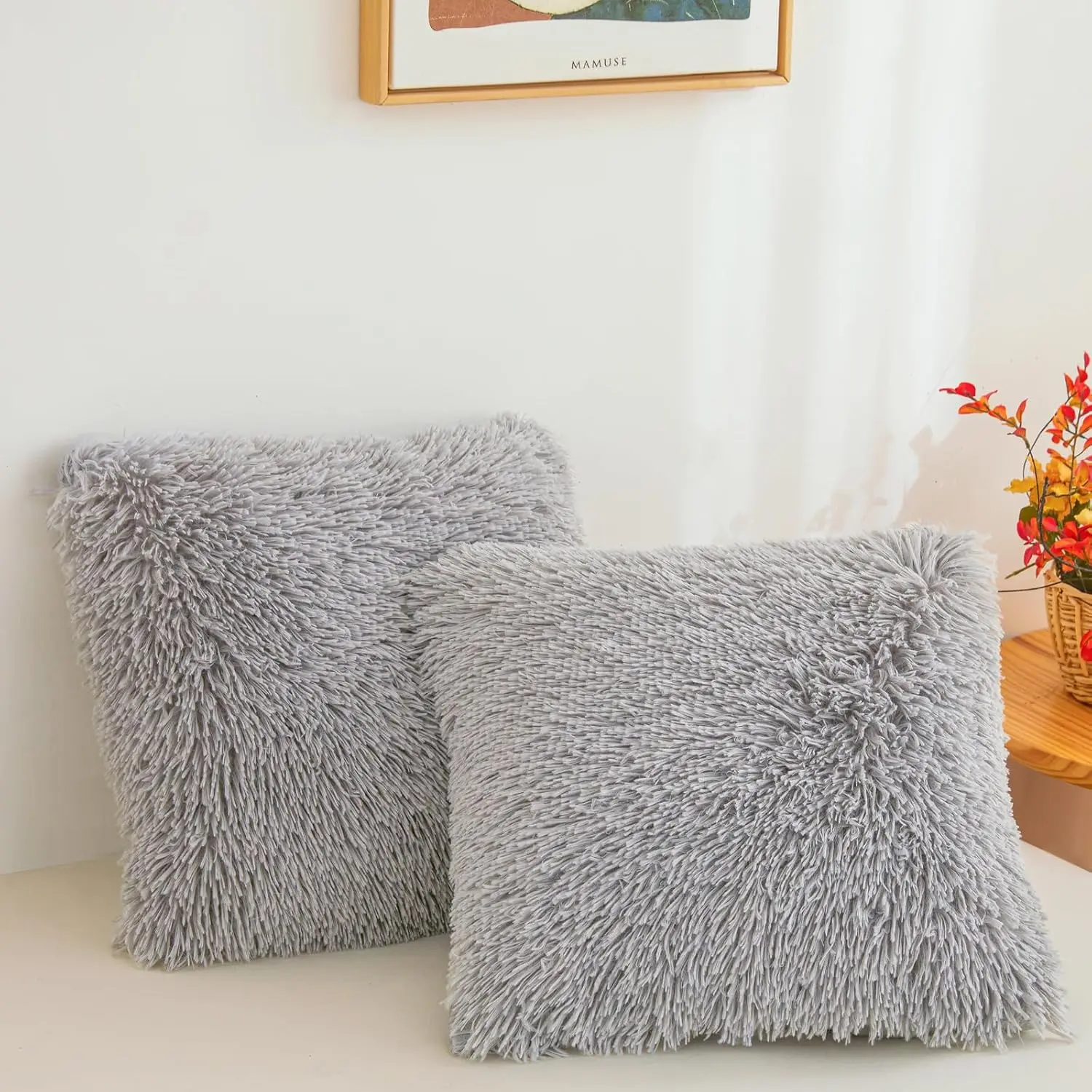 Grey Fuzzy Throw Pillow Covers 18"x18", Soft Decorative Plush Grey Pillow, Furry Shaggy Faux Fur Cushion Covers for Sofa, Bed, and Living Room Decor, Set of 2 with Zipper