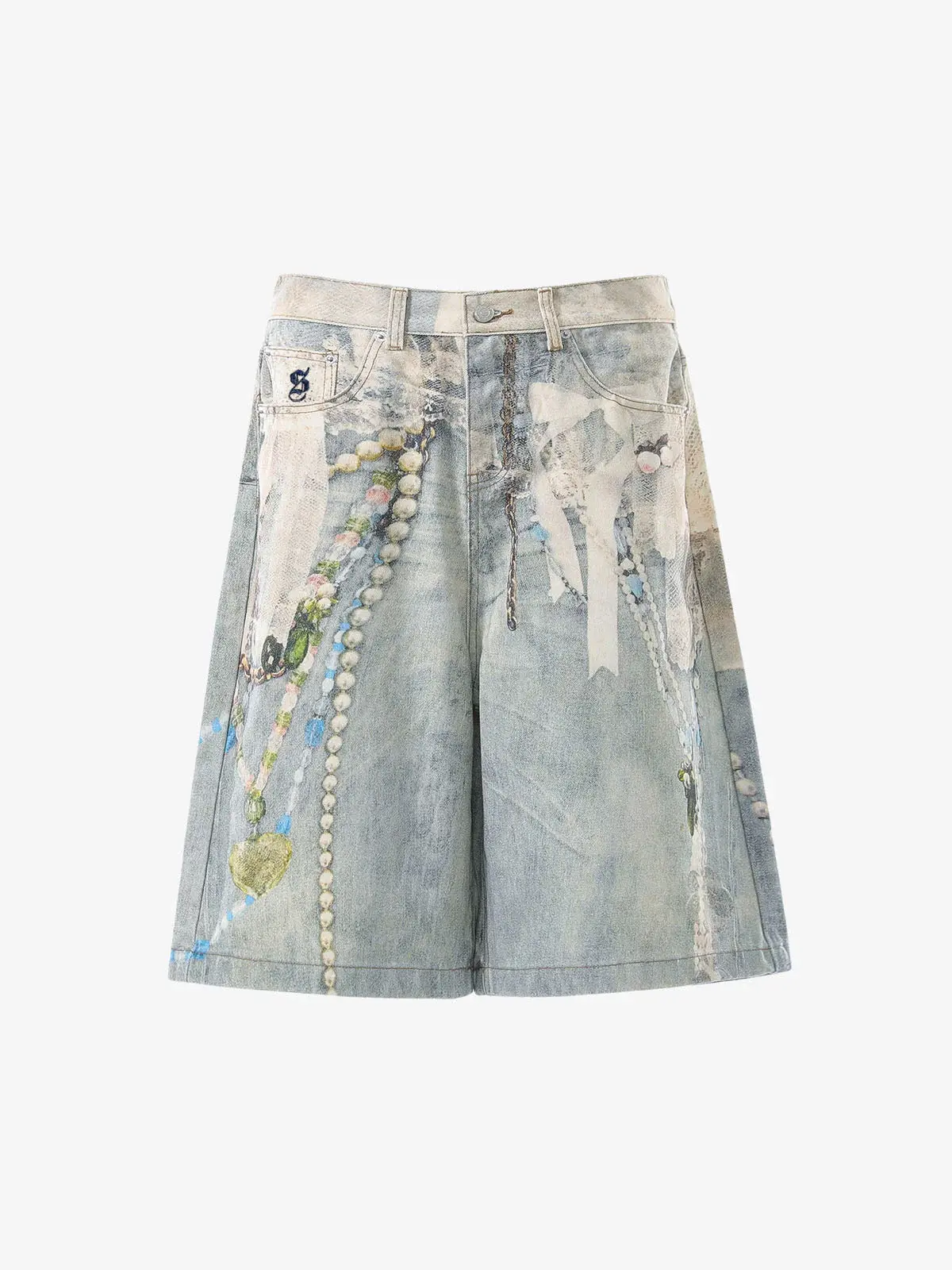 Supermade Unisex Graphic Shorts, Vintage Streetwear Light Wash Denim with a Wide Leg Fit and Printed Lace & Ribbons, Belt, Bottom, Cotton