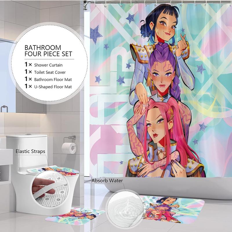 4pcs K-POP Demon Hunters Bathroom Set, Shower Curtain with Hooks, Non-Slip Bath Rug, U-Shaped Toilet Mat, Toilet Lid Cover, Bathroom Shower Equipment, Bathroom Decoration Accessories