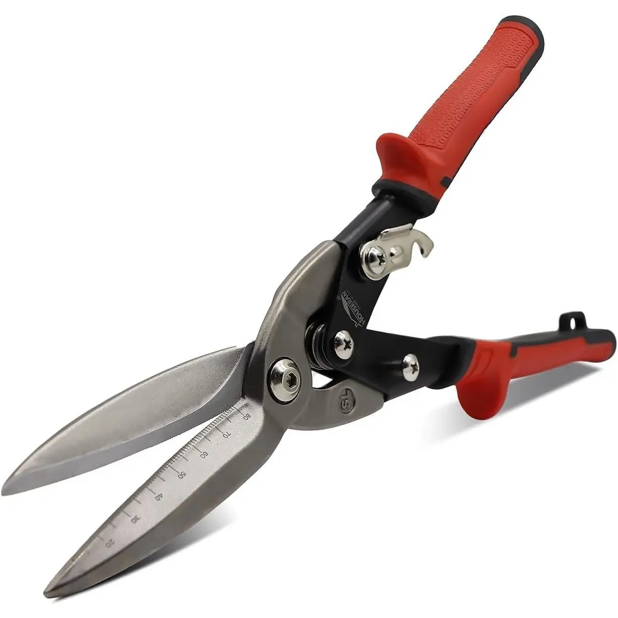 12-Inch Heavy-Duty CR-MO Aviation Snips Tool, Long Straight-Cut Serrated Metal Cutters with Double Lever, Scale Markings, Safety Lock & Suspension Hole, Cutting Supplies for Plastic, Copper & Other Materials