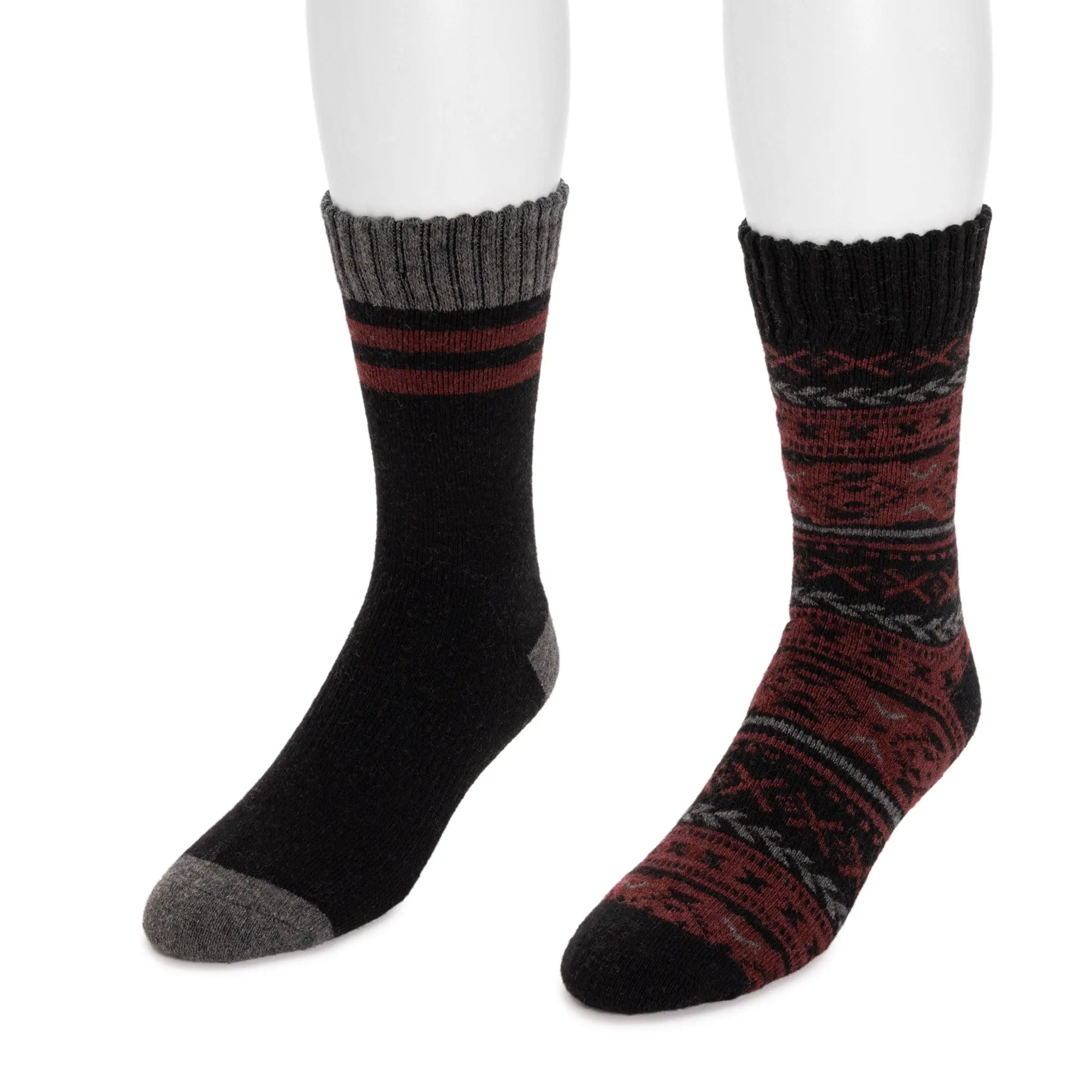 Men's 2-Pair Stylish Knit Wool Boot Socks - Cold Mid-Calf, Assorted, Spandex Knit, Ribbed Cuff, Fun Prints, Machine Washable Cold Weather Menswear Socks, Cold Mid-Calf Socks, Assorted Mid-Calf Socks