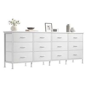 12-Drawer White Dresser TV Stand with Storage, Multi-Functional Media Console & Vanity Table, Sturdy Metal Frame with Adjustable Feet, Textured Fabric Drawers, Ideal for Living Room, Bedroom or Closet Organization