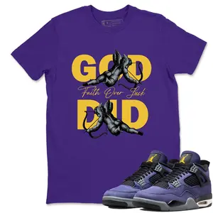 Unisex T-shirt To Match Sneakers Jordan 4 Purple and Gold Sportswear - God Did. 100% Cotton for Casual Wear. Comfortable Summer Unisex T-Shirt to match Jordan Sneaker. Streetwear Style. urban outfitters Los Angeles Basketball Style