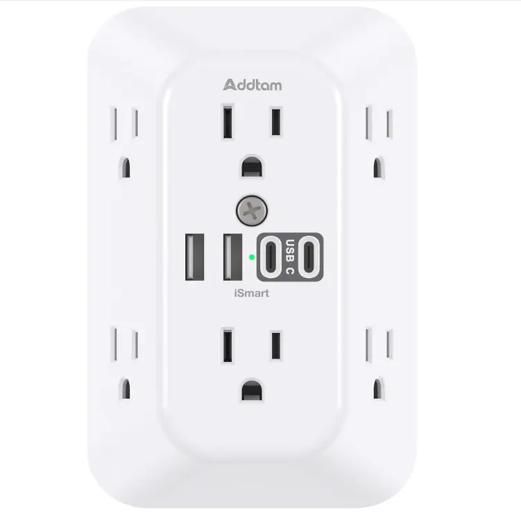 Addtam Surge Protector Outlet Extender, 6-Outlet Splitter with 4 USB Wall Charger(2 USB-C Ports), Multi Plug Wall Outlet 1800J Power Strip for Home Office Dorm Room Essentials