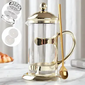 Gold French Press Coffee Maker, Luxury Design French Coffee Press with 4-Level Filter System, High-Grade Heat & Cold Resistant Glass, Includes Long 304 Stainless Steel Spoon - 34oz