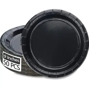 50Pcs 9" Black Disposable Round Bulk Paper Dinner Plates for Daily Use Holiday Picnic Celebrations Birthday Party Decorations