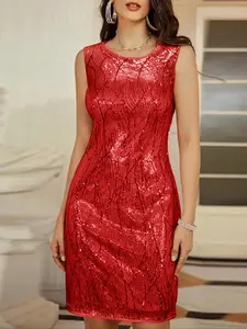 Women's Elegant Career Midi Dress with Sequins, Fitted Contrast Design, All-Season Professional, Stylish Half Skirt