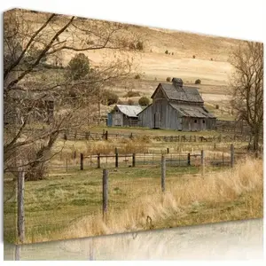 Rustic Farmhouse Canvas Wall Art – Vintage Barn & Golden Field Landscape,  Country Style Decor for Bedroom, Living Room, or Bathroom, Farmhouse House Decor, 2D Flat, Perfect for Room Decor