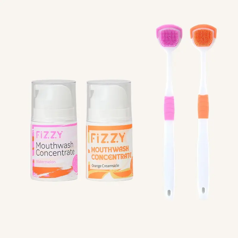 Fizzy Mouthwash & Tongue Scraper Set – Alcohol-Free, Travel-Size, 70+ Uses, pH Balanced, Vegan & Gentle Formula