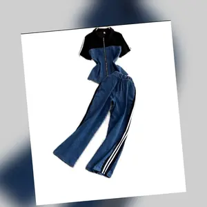 Casual Two Piece Set for Women Top and Pants with Side Stripes Comfortable Denim Style
