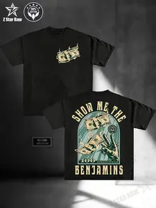 Show Me The Benjamins Money Graphic Cotton T-Shirt - Unisex Loose Fit Short Sleeve Round Neck Casual Tee with Benjamin Franklin Design, Navy Blue, Machine Washable for Holiday Travel & Casual Attire, Allseason Apparel, Streetwear Fashion, Vintage Design