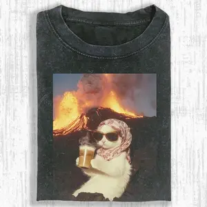 Funny Cat Vintage Washed Crew Neck Tee Heavyweight(280g) Regular Fit Casual Comfort Breathable Short Sleeve Funny T-shirts for Summer Fashion Men&Women's Top for Daily Wear 06303