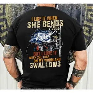I Like When She Bends Over But I Love It When She Tugs On My Worm And Swallows T-Shirt, Funny Fishing Humor Graphic Tee, Dirty Fisherman Joke Shirt, Retro Adult Comedy Tee, Viral Fishing Meme Graphic Shirt