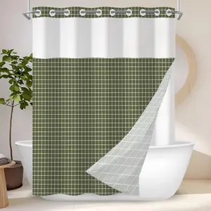 No Hook Shower Curtain with Snap in Fabric Liner Set, Forest Green Plaid Modern Hotel Style Design for Bathroom, Double Layer Ringless with Top Sheer Window, 71" x 74"