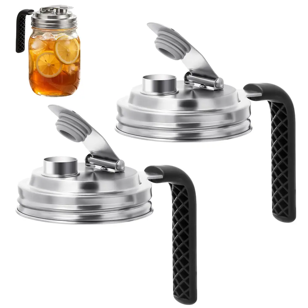 2 Pack Mason Jar Pour Spout Lid Stainless Steel with Handle, Wide Mouth Pour Spout Flip Cap Lids for Mason Jars, Reusable Mason Jars Lid, Leak Proof Seal, for Drinking Salad Dressing & Food, NO Included Mason Jar