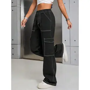 Cargo Pants Flap Front Pocket High Waist Button Up Straight Leg Jeans Casual Sports Vintage Street Fashion Outdoor Comfortable For Girls Boys Kids Youth Size 8-16 Years GK2035