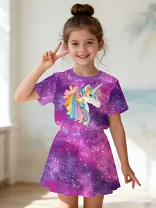 Girls' 3D Unicorn Print Top and Skirt Set, Casual Summer, Slim-Fitting Round Neck Short Sleeve, All over Print, Two-Piece Set