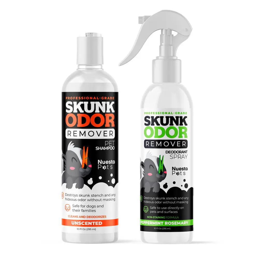 Nuesta Pets Skunk Odor Remover - 2-Part System with Activated Charcoal Shampoo & Deodorizing Spray - Vet-Approved, Safe for Pets, Destroys Odors Fast & Lasts Long