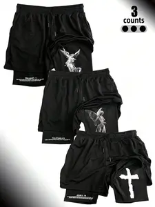 Men's 3-Piece Faith & Angel Gym Shorts Set, Angel Statue Cross Bible Text Breathable Mesh Fabric, Vintage Faith Casual Wear, Athletic Shorts