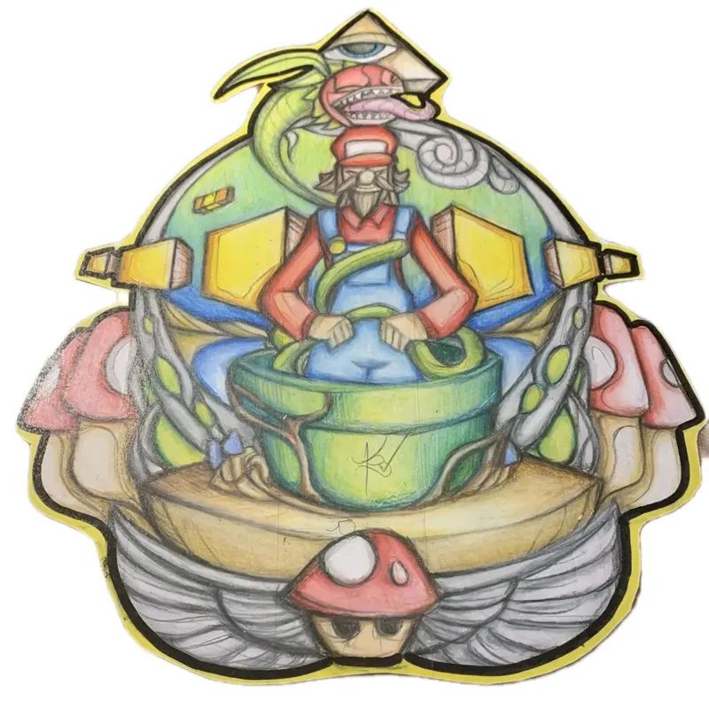 Mystic Mario Hand Drawn Sticker - Unique Design Featuring Mario in a Green Mushroom Hat and Cartoon Character