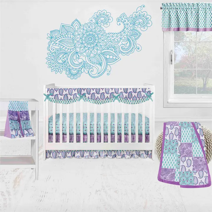 Bacati Paisley Isabella 6-Piece Crib Bedding Set With Long Rail Guard Cover - Purple/Lilac/Aqua