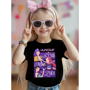 Kpop Hunter Girl Cartoon Print Girls Casual Sports Short Sleeve, Funny Graphic Tee, Comfortable Soft Fabric, Youth Fashion Sportswear, Perfect Gift for Kids, Graphic Printed Tee
