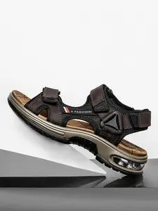 Men's Fashionable Velcro Leather Beach Sandals, Casual Comfortable Breathable Sandals for Outdoor Beach, Beach Sandals for Men