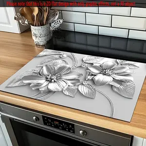 Silver floral pattern rubber stove protective cover - heat-resistant, non slip, absorbent, oven pad, refrigerator pad, insulation pad, drain pad, kitchen stove cover, suitable for surface protection of ovens, washing machines and appliances