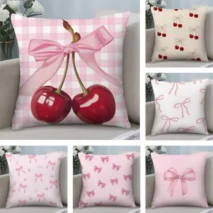 PIKPAKA Pink Bow Cherry Cushion Cover Soft Short Plush Fabric Double-Sided Print | Organic, Breathable,Sofa Pillow Case,Invisible zipper Mite Removal Durable Materia | Warm Winter Home Child Gift