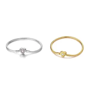 MULA 925 silver-plated Vintage Heart and Snake Chain Bracelet – 14K Gold Plated, Set with Pink and Clear Zirconia, Compatible with Pandora Charms, Romantic Princess-Style Valentine's Day Gift