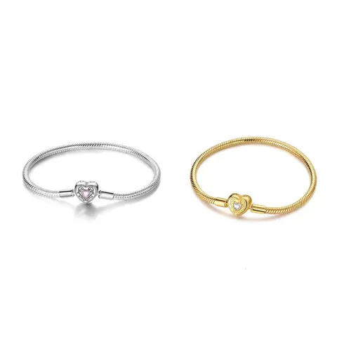 MULA 925 silver-plated Vintage Heart and Snake Chain Bracelet – 14K Gold Plated, Set with Pink and Clear Zirconia, Compatible with Pandora Charms, Romantic Princess-Style Valentine's Day Gift, Heart Lock Bracelet, Elegant Jewelry Bracelet summerwins,summe