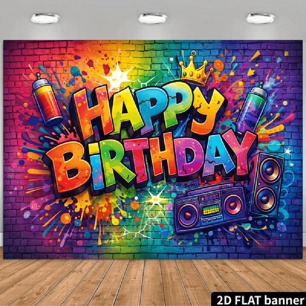 2D Flat Polyester Photography Backdrop Sheet - HD Vibrant Print Graffiti Wall with Brick Texture, Party Decor Supplies for Happy Birthday Parties & Photo Booth Props, Birthday Party