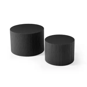Set of 2 Round Nesting Coffee Tables, Matte Black MDF Modern Stackable Side Tables, Embossed Decor Accent Tables Multi-size Space Saving End Tables for Living Room Bedroom Leisure Space Home Decor
