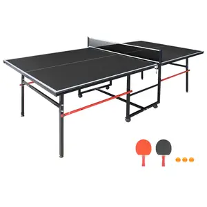 8ft Black Mid-Size Table Tennis Table – Foldable & Portable Ping Pong Set for Indoor Games, Includes Net, 2 Paddles & 3 Balls