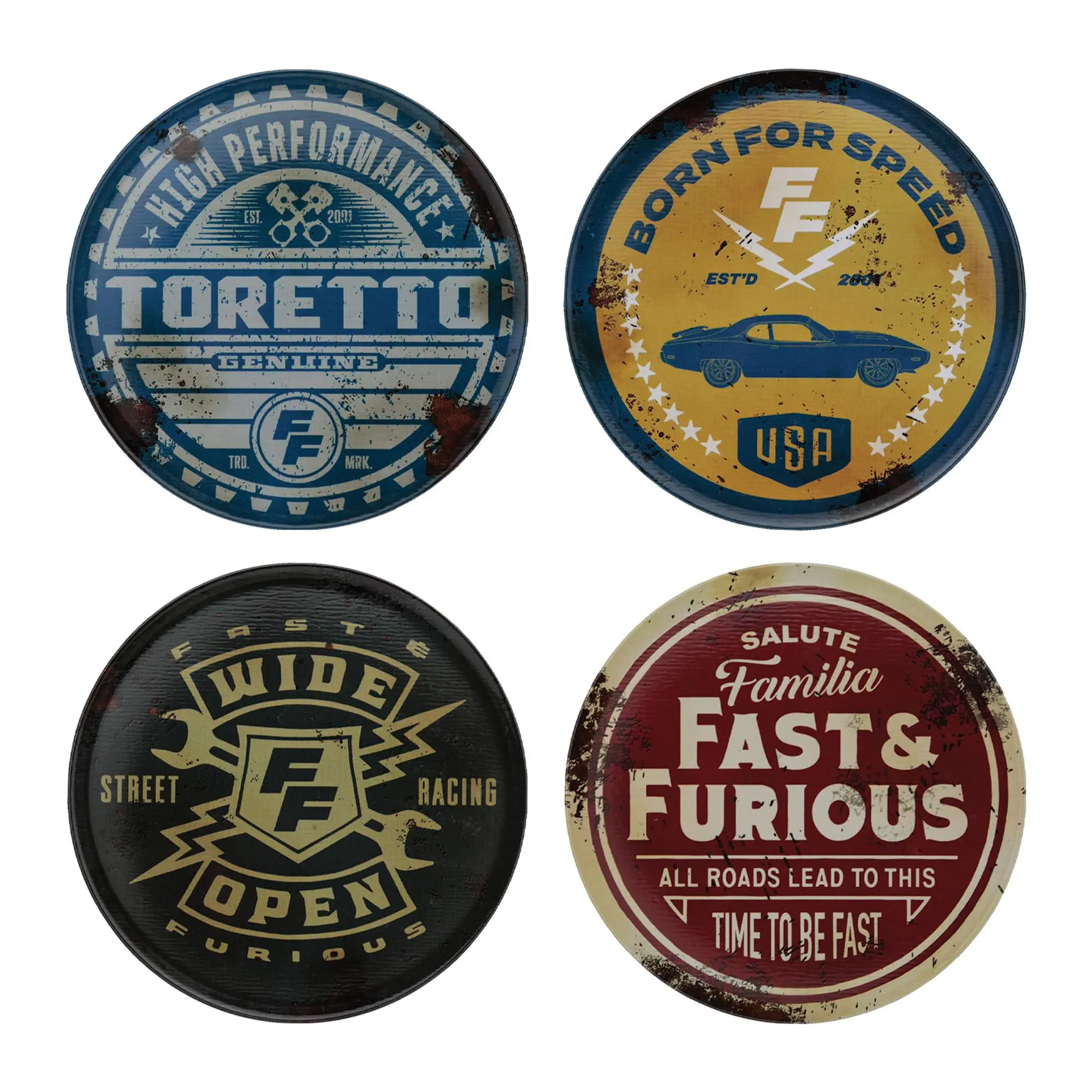 Fast & Furious Vintage Style 4-Piece Limited Edition Metal Coasters, Kitchenware Tabletop Protectors, Set Of Four