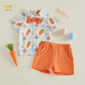 Easter Toddler Baby Boy Gentleman Outfit Bunny Short Sleeve Bowtie Shirts And Solid Shorts 2 Piece Summer Spring Set