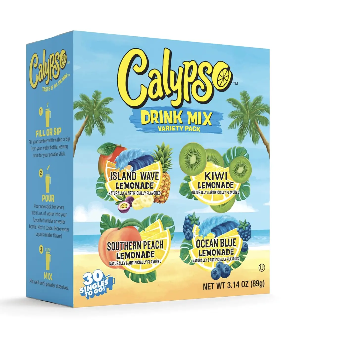 Calypso Singles To Go! Drink Mix Variety Pack – On-the-Go Powdered Drink Mix Packets – Low Calorie Water Enhancer – Island Wave, Kiwi, Southern Peach, Ocean Blue, 30 Count