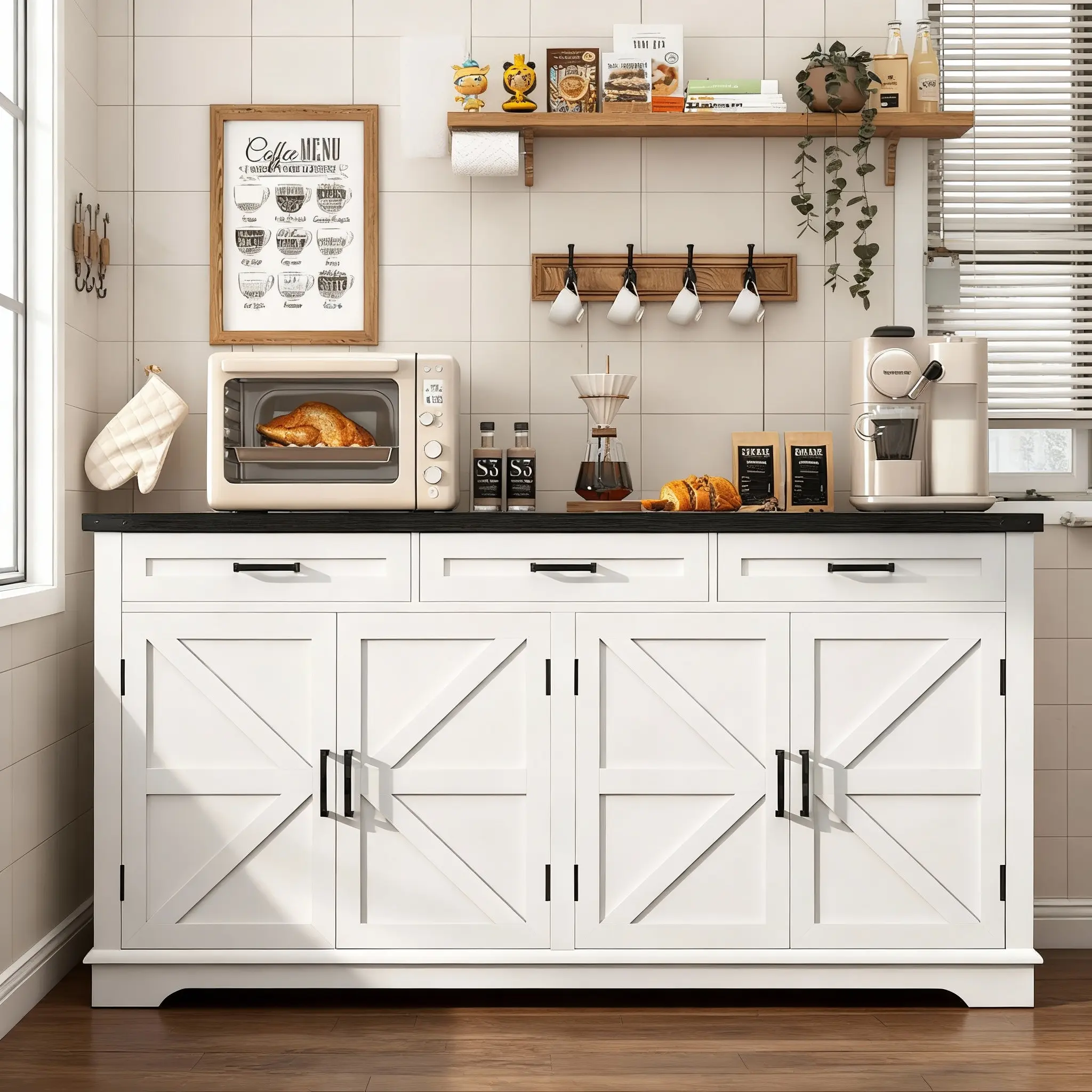 White Summergarden 61” Sturdy Wood Buffet Cabinet - Chic Farmhouse Sideboard, Storage Unit with 4 Doors & 3 Drawers for Dining Room, Kitchen, Chic Farmhouse Sideboards