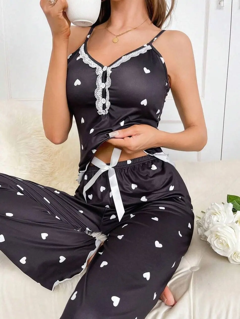 Heart Print Lace Bow Cami Pajama Set, Romantic Summer Sleepwear for Women