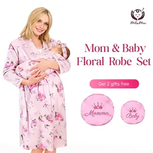 Milamini Spring 5 Pcs Mommy & Me Hospital Gown Set, Maternity Robe Swaddle Blanket Baby Girl Boys Headband Hat for Mom Baby, Labor & Delivery Essentials for New Moms