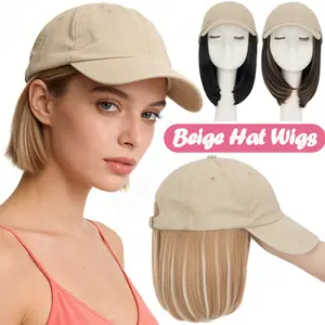 6in Fashion Baseball Cap with Hair Extensions for Women Heat Resistant Synthetic Adjustable Short Straight Hairpiece Replacement Bob Wigs in Beige Hat for Girls Women