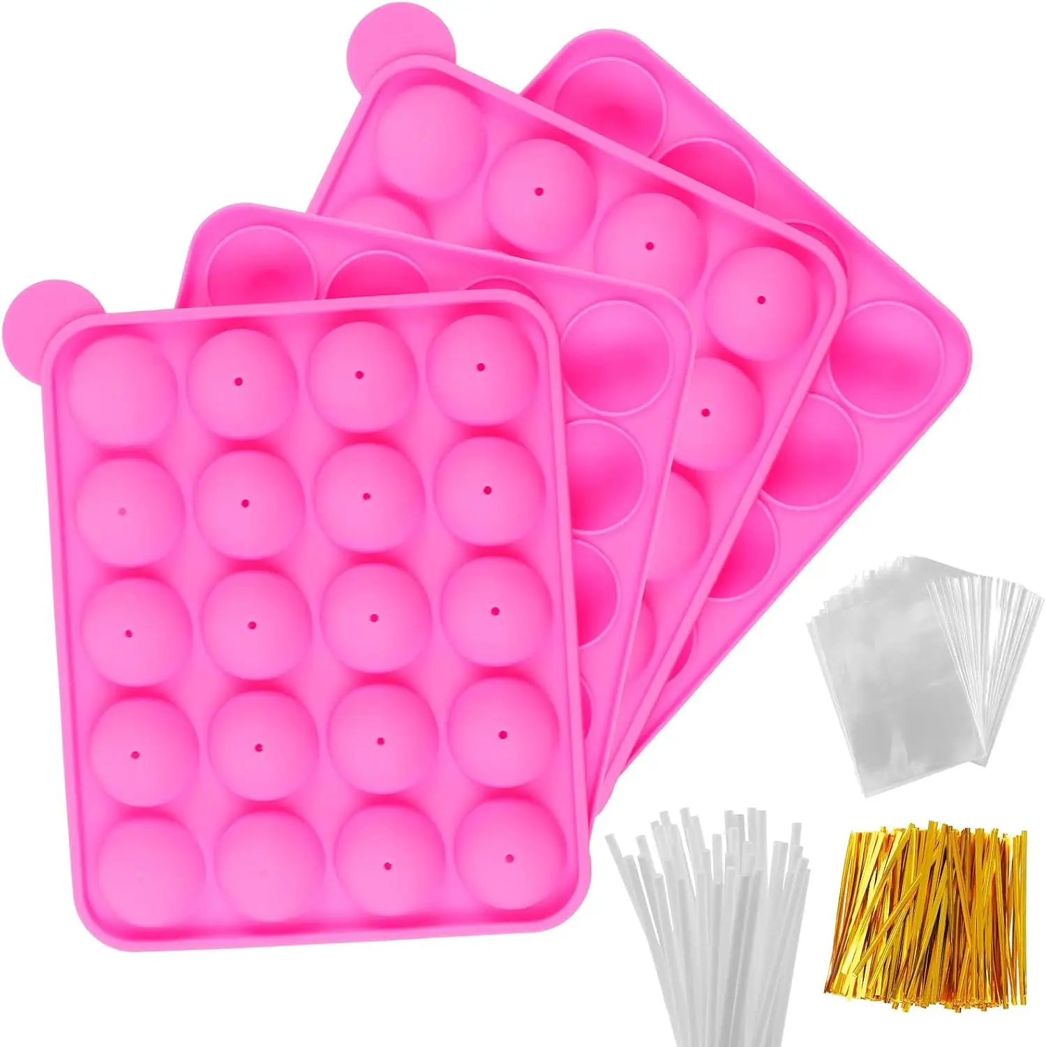 2-Pack Flexible Round Silicone Cake Pop Mold Set with Holes - Includes 40 Sticks, 100 Candy Bags, 100 Gold Twist Ties, Oven-Safe Food-Grade Non-Stick Bakeware for Birthday Chocolate, Candy, Parties