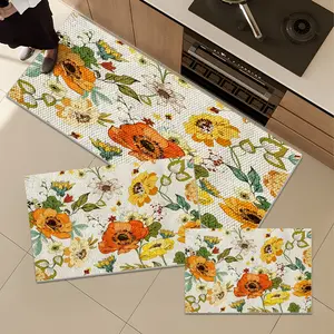 1/2/3Pcs Spring Kitchen Rug,Boho-Retro Floral Pattern Home Decor,Pineapple Texture Design Kitchen Rugs, Washable Non-Slip Floor Mat,Doormat,Bathroom Mat-16x24/20x32/20x47 Inches(02)