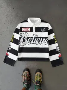 Y2K Style Striped Polo Shirt, Vintage Streetwear Fashion Casual Long Sleeve Top, Graphic Pop Art Print, Slim Fit, All Seasons