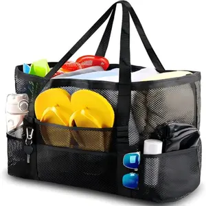 Mesh Beach Bag with Zippered Pockets, Large Capacity Tote for Home Toys and Pool Storage, Essential for Family Trips and Vacations