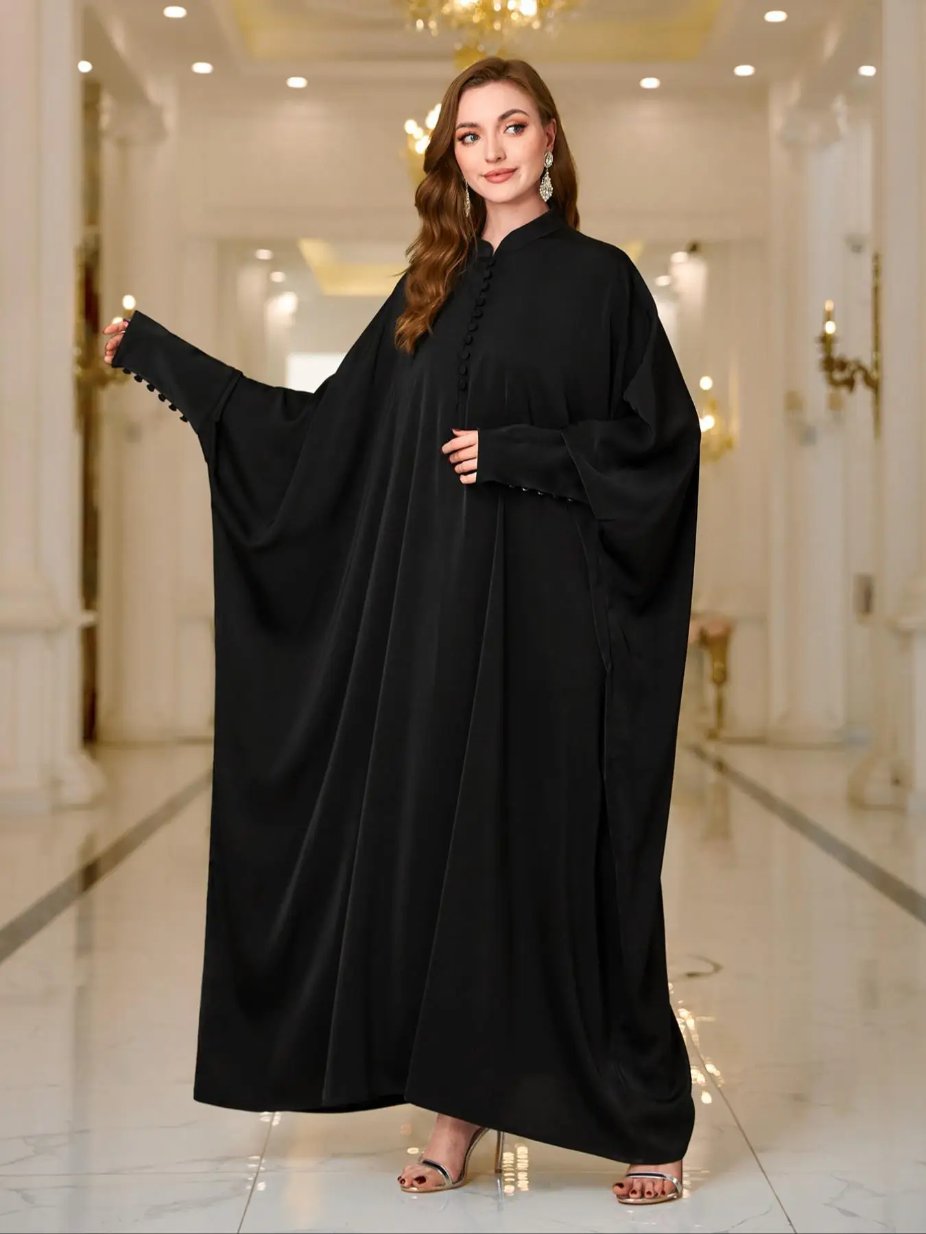 Women's Solid Button Front Batwing Sleeve Abaya Dress, Elegant Button Decor Cuff Long Sleeve Stand Collar Maxi Muslim Dress for Party Holiday Wedding