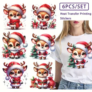 6pcs/set Christmas Deer Picture Thermal Vinyl Heat Transfer Stickers DIY Washable Print-On T-Shirt Iron On Patches Reality Printing Effect Stickers Cloth Deco,  Clothing Decoration| Imaginative Designs | Durable Heat Transfe